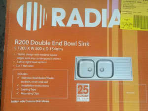 Radiant 1200 x 500 x 154mm Double right hand bowl sink. Brand new.