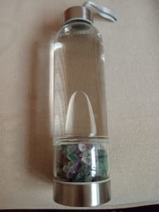Glass water bottle with rainbow fluorite