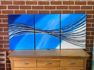 Abstract Art: Blue Triptych Painting on 3 Canvas Panels
