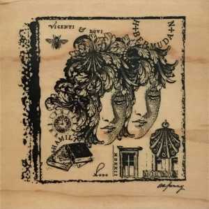 RENAISSANCE ART STAMPS TWO FACES COLLAGE WOOD MOUNTED RUBBER STAMP