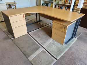 Office Desk, 2 Drawer units and a Credenza all in Beech and Ironstone