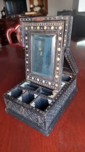 Antique Ebony Ornately Carved Anglo-Indian Box With Mirror Mid 19 Cent