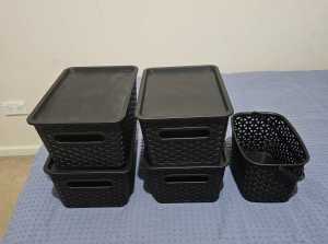 4 small black wicker boxes with lids & black wicker hanging basket