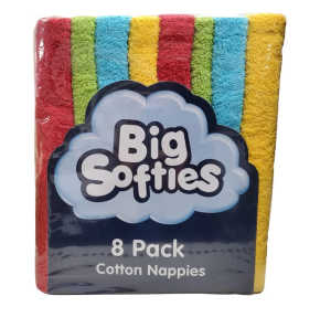 BRAND NEW Big Softies 8 Pack Cotton Nappies Bright Fun Coloured Baby