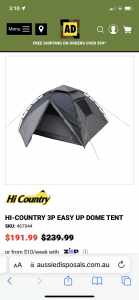 Hi Country 3 P dome tent includes carry bag