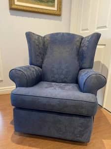 Wingback Recliner Chair in Blue Damask Fabric