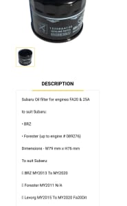 Subaru Forester BRZ oil filters 15208AA130