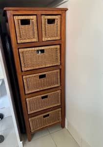 Wooden & Rattan Chest of 6 Drawers / Orgainsers