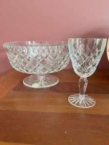 Vintage crystal footed bowl and six glasses - never used
