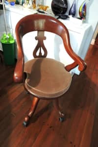 CHAIRS CAPTAIN X 2 ORNATE SOLID TIMBER SWIVEL CHAIRS & CASTORS $450