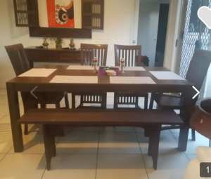Six seater dinning table with 4 chairs and 2 seater bench