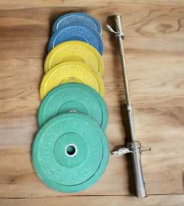 90kg Muscle Motion Olympic weight plates with Olympic barbell