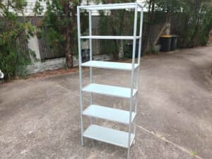 Tall metal and glass shelves $80