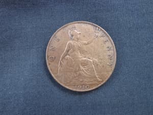 1910 Great Britain Penny Coin.