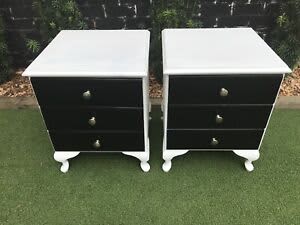 PAIR OF BLACK AND WHITE 3 DRAW VINTAGE BEDSIDES