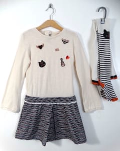 Catimini Designer Girls Cream Black Cat Dress & Tights Set Size 6-7