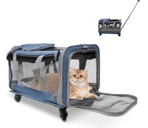 PET ROLLING CARRIER WITH DETACHABLE WHEELS MESH WINDOW TRAVEL DOG CAT