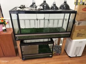 Reptile Enclosures (2) and Stand and Assorted Rocks / Water Dishes etc