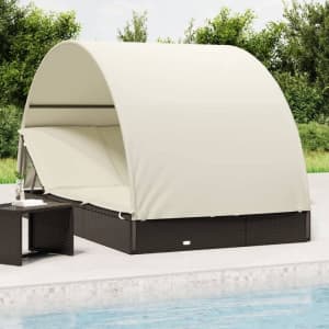 2-Person Sunbed with Round Roof Black 211x112x140 cm Poly Rattan..