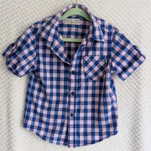Zara Boys Size 2-3 Button Up Short Sleeve Plaid Shirt Blue Pink Cotton