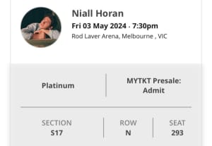 Niall Horan Melbourne AUS May 2024 Tour Ticket x 1