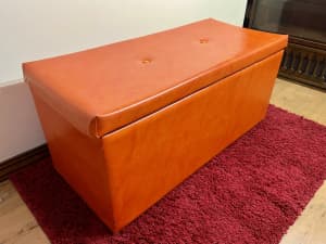70s retro Sunset Orange vinyl ottoman storage toy chest. Gilcraft WA