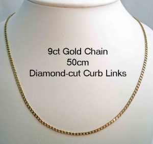 Long 9ct Gold Chain 2.2mm Diamond-cut Curb Links. Length = 50cm
