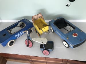 Toy restoration delight. Antique Pedal Cars, Pram & Trike….the lot….