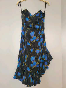 Vintage 80s Katies black w/ blue flower ruffle prom dress Size 10