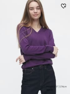 UNIQLO Purple Merino Wool V-Neck Long Sleeve Knit Top MEDIUM