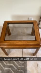 Oak side table with smoke bevelled glass