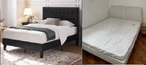 2 sets wooden and ikea white metal queen bed frame with wooden slats,