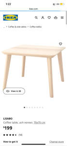 IKEA LISABO Coffee table, ash veneer, 70x70 cm