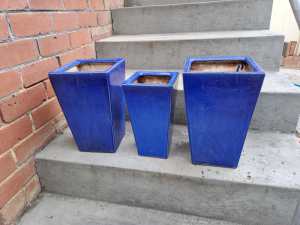 3 Glazed Blue outdoor pots - no cracks/chips