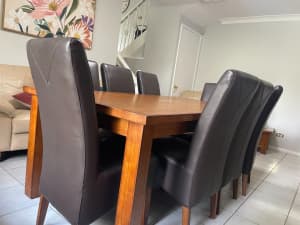 Solid Hardwood Dining Table and Matching Leather Chairs