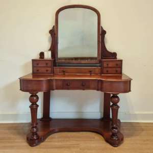 Antique Victorian Carved Mahogany Dressing Table, Turned Legs. C1880s
