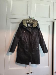 Asos UK $395 black lined heavy cotton/faux fur hooded long jacket, VGC