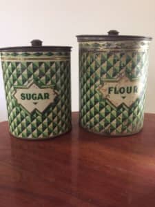 Vintage retro sugar and flour green cubist patterned kitchen tin