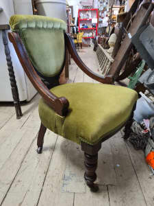 Antique Edwardian Carved Timber Bedroom Chair Green Velvet Upholstered