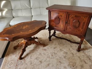 Timber inlay two door cabinet and matching coffee table