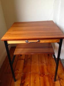 Mid century desk solid wood with metal legs and thin drawer 