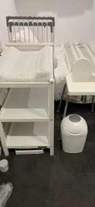 Change table, high feeding chair, nappy holder and nappy bin