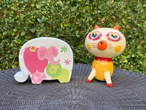 Childrens ceramic money boxes/piggy banks. Cat and Elephant.