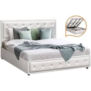 Bed Frame King Size Gas Lift Base With Storage White Leather
