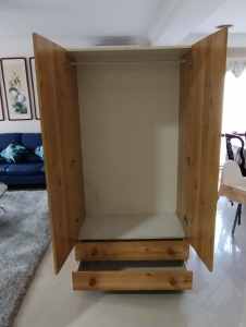 Wardrobe with clothes hanger and 2 drawers. Bonus used baby high chair