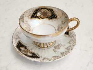 Vintage Royal Sealy China Tea Cup & Saucer Black & Gold Accents Japan