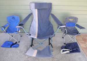 3 Quality Camping Chairs (1 Adult Size With Footrest, 2 Kids) & Bags