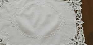vintage white battenberg lace doilies/tray cloths 44cm x 32cm