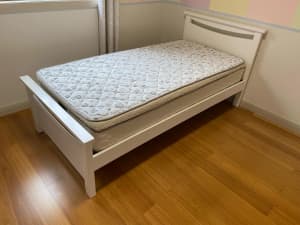 Single White Wooden Bed Frame with Mattress
