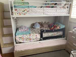 S bunk bed with trundle and x 3 mattresses with storage